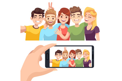 Group selfie on smartphone. Young happy people take selfie portrait, f