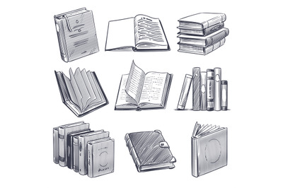 Hand drawn book. Retro sketch engraving monochrome notebooks. Library