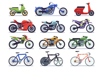 Motorcycle set. Motorbike and scooter, sport bike and chopper. Motocro