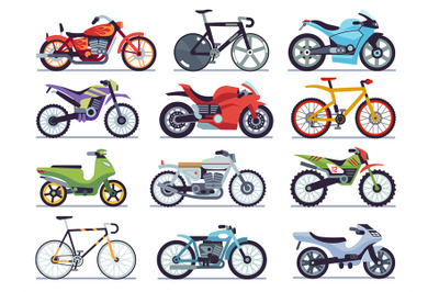 Motorbike set. Motorcycles and scooters, bikes and choppers. Speed rac