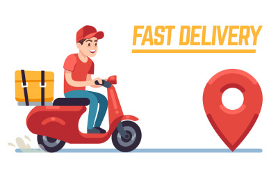 Scooter with delivery man. Fast courier with pizza, motorcycle driver