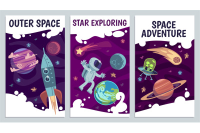 Cartoon space flyers. Astronomy future presentation. Galaxy explorers,