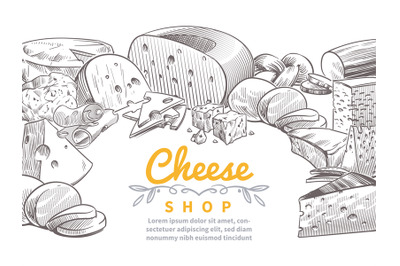 Sketch cheese background. Tasty cheeses brie, feta and parmesan slices