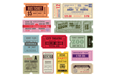 Vintage tickets. Hand ticket of circus, cinema and concert party. Old