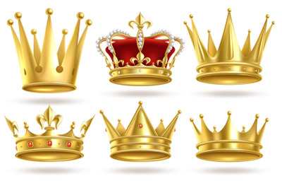 Realistic golden crowns. King, prince and queen gold crown and diadem