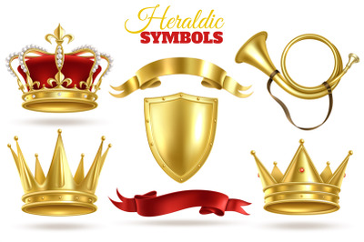 Realistic heraldic symbols. Golden crowns, king and queen gold diadem.