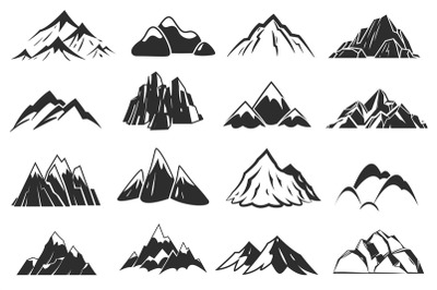 Mountain icons. Mountains top silhouette shapes, snow rocky range. Out