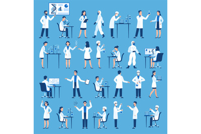 Scientists characters. Doctors group in science hospital laboratory, b