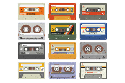 Retro cassettes. Colorful plastic audio cassette vintage media device