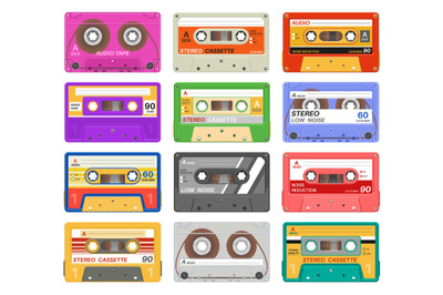 Cassettes. Different color music tape retro audio cassette. Old school