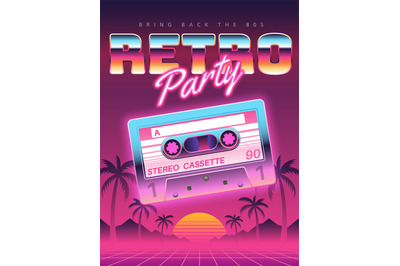 Cassettes poster. Retro disco party 80s&2C; 90s banner&2C; vintage audio cas