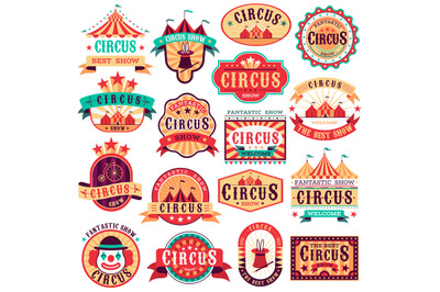 Circus emblems. Carnival festival&2C; fun circus show retro paper signboa