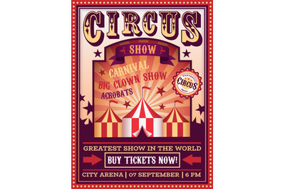 Circus poster. Traveling circus with tent carnival festival magic show