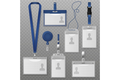 Id badge. Identification plastic cards with holders and neck lanyards