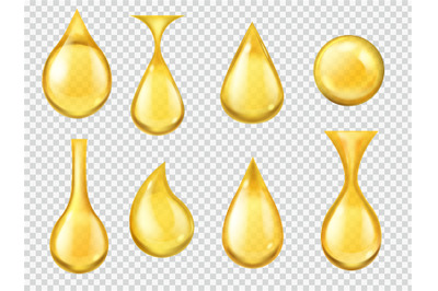 Realistic oil drops. Falling honey drop, gasoline yellow droplet. Gold