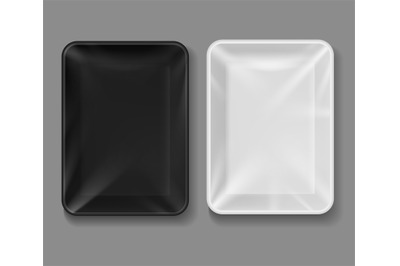 Plastic tray. Food package with transparent wrap&2C; black and white empt