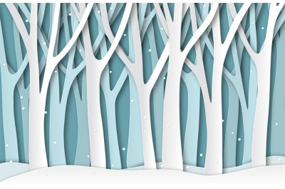 Paper winter forest. White frozen trees silhouettes&2C; christmas season