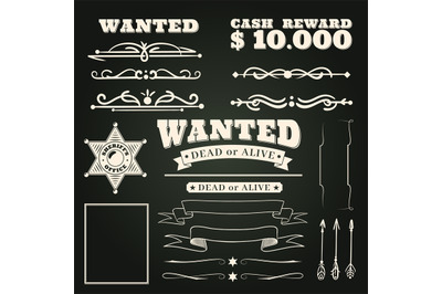 Wanted ornaments. Country vintage western saloon tattoos pattern and c