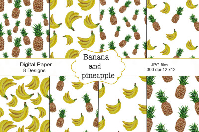 Bananas pattern. Bananas in watercolor. Pineapple pattern.