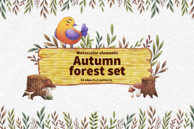Watercolor Autumn forest set