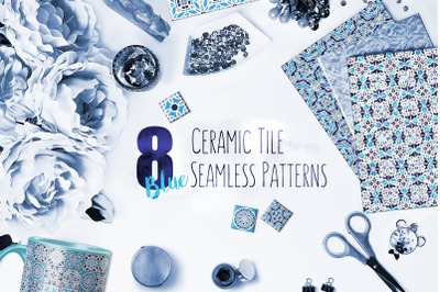 8 Blue Ceramic Tile Seamless Patterns