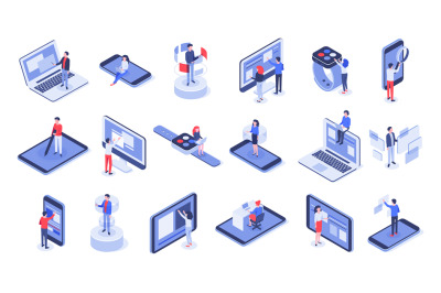 Isometric user interface. Online office, device interactions and touch