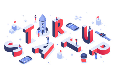 Isometric startup lettering. Company launch&2C; startups business banner