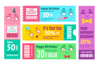 Happy birthday promo voucher. Anniversary coupon, happy gift vouchers