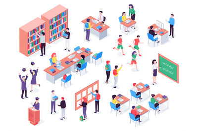 Isometric school. Childrens and teacher in classroom&2C; students in scho