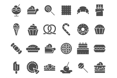 Desserts silhouette icon. Sweet muffin cakes, dessert ice cream and ch