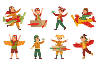 Kids in pilot costumes. Paper toy plane wings&2C; adorable kids play with