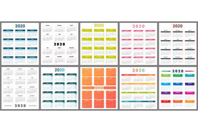 Calendar 2020. Wall planner calendars, week starts grid and year dates