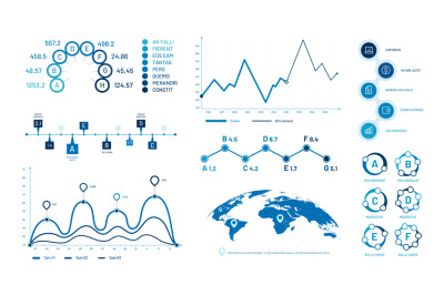 Infographics graph charts. Histogram data graphs, bubbles graphic time