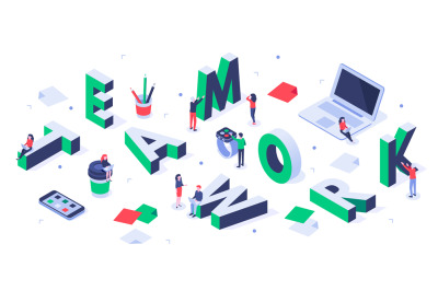 Isometric teamwork lettering. Creative team&2C; business people partnersh