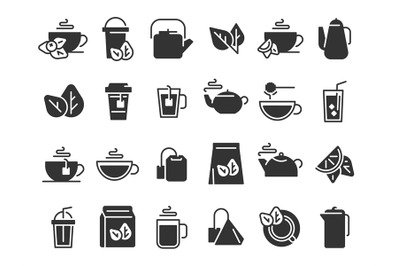 Black tea leaves icons. Hot drink cup, cold iced tea and teapot with s