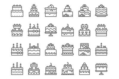 Outline cake icons. Sweet cupcake, homemade dessert with candles and b