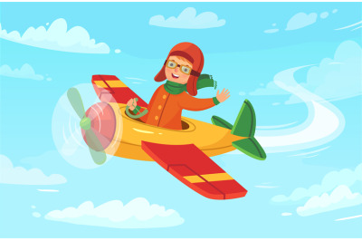 Cartoon kid pilot. Children aviator flying in airplane&2C; little boy avi