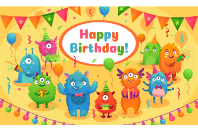 Happy birthday monsters. Kids birthday party cute monster mascot&2C; mons