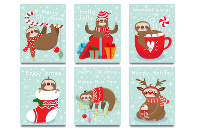 Merry Christmas lazy sloth. Happy New Year cute lazybones, xmas lazine