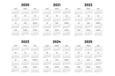 Calendar grid. 2020 2021 and 2022 yearly calendars. 2023, 2024 years o