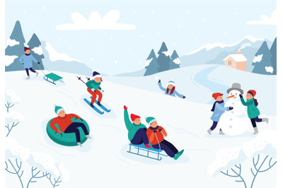 Kids riding sledding slide. Snow landscape, winter snowy fun activitie