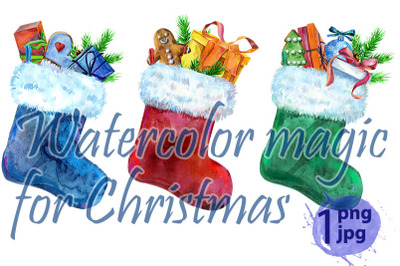 Christmas colorfull socks with gift and white fur