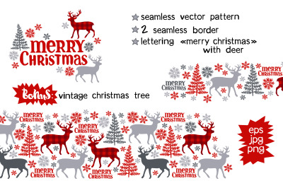 Merry Christmas. Christmas deer. Christmas tree and snowflakes.