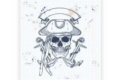 Sketch pirate skull with sword