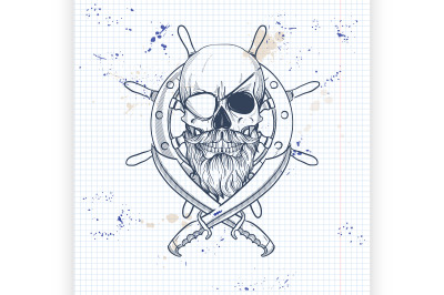 Sketch pirate skull with sword