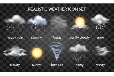 Realistic weather icons on transparent