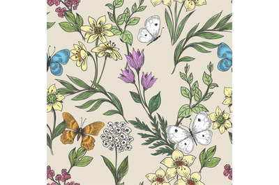 Wildflowers and butterflies background