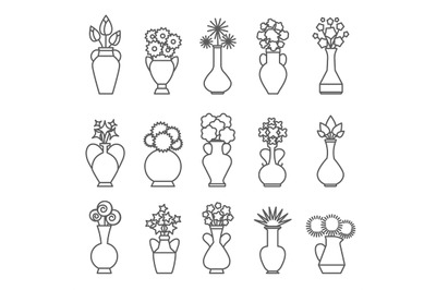 Vases with flowers line icons