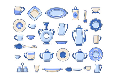 Ceramic crockery sketch icons set