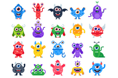 Cartoon monster. Cute happy monsters, halloween mascots and funny muta